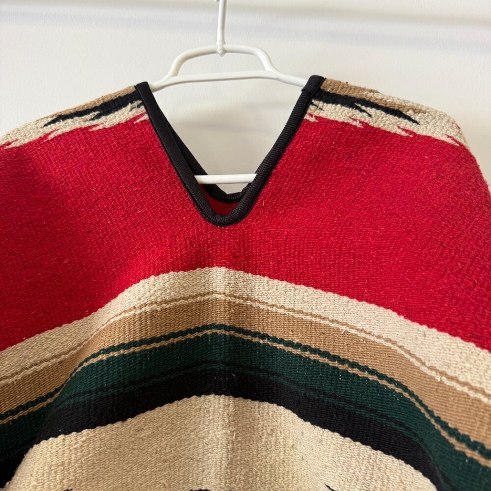 Traditional Mexican Blanket Poncho Serape - Red, Cream, Tan, Green, & Black - Picture 2 of 4
